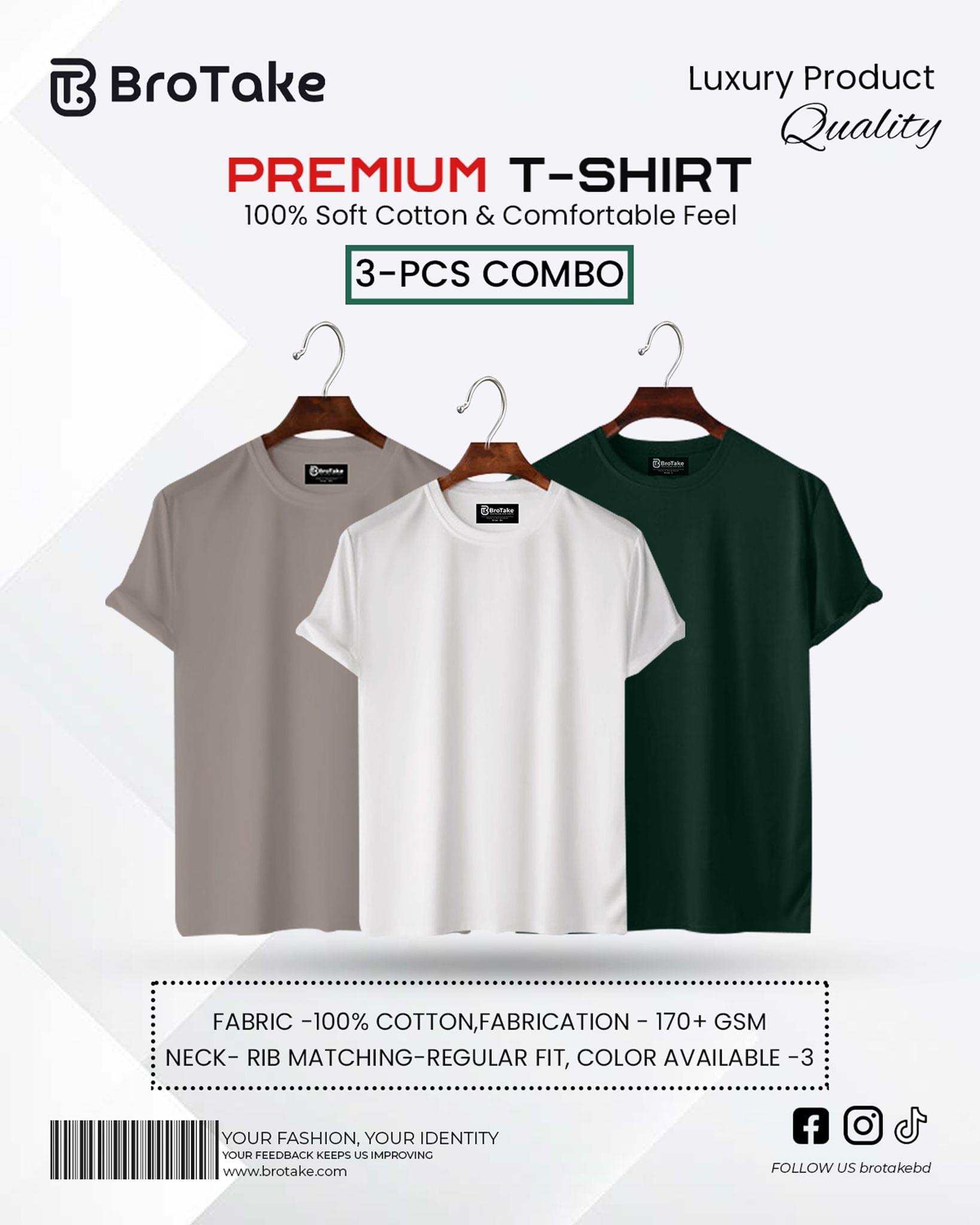 3 Pcs Combo | Regular Fit Premium T-Shirt | White-Ash-Bottle Green